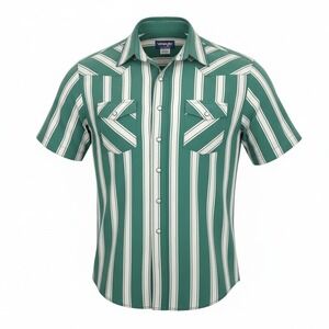 Wrangler Shirt Mens 2XL Green Striped Short Sleeve Western Snap Pockets Casual